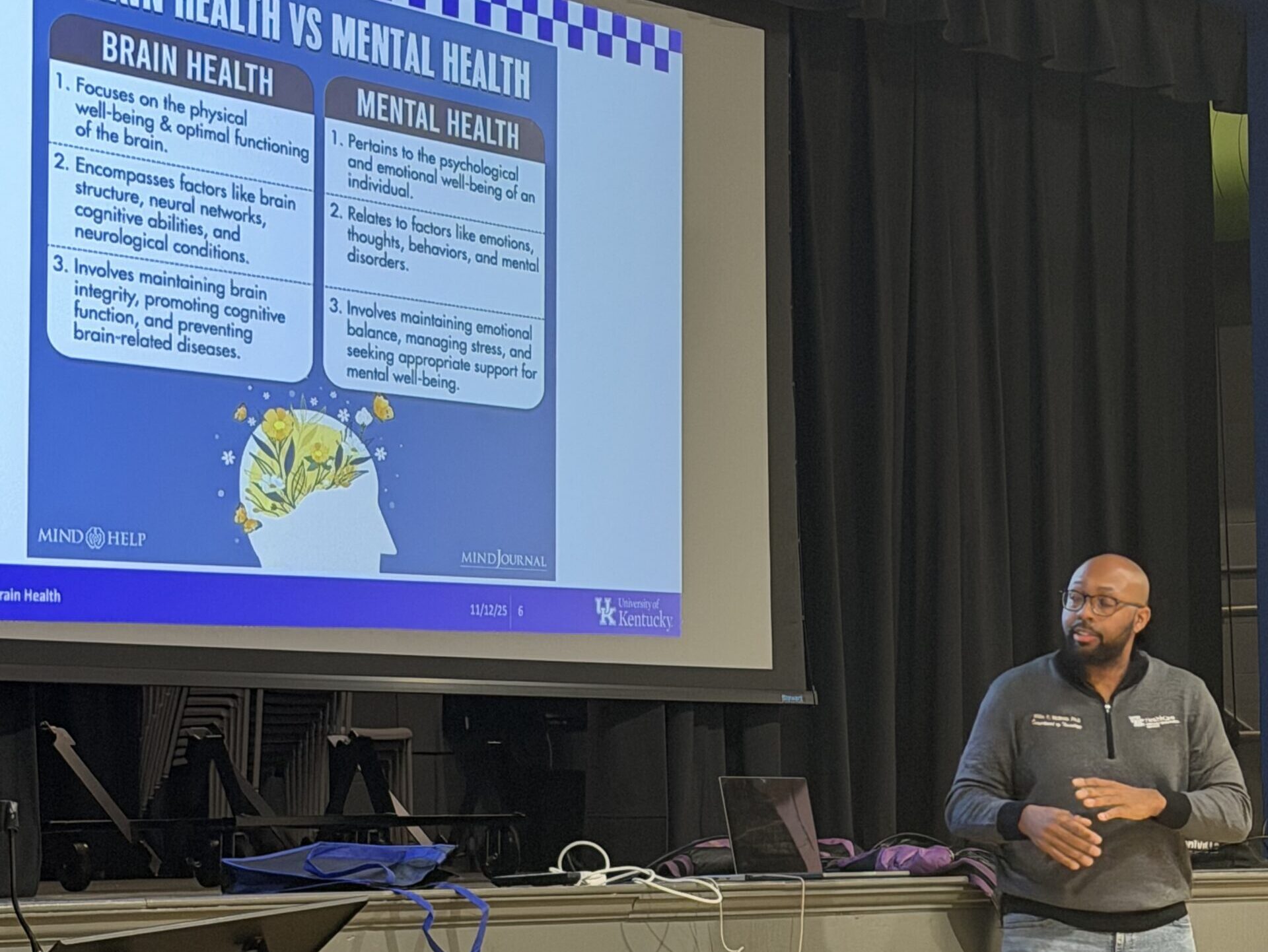 Omega Psi Phi Health Brain Aging Event speaker talking about brain health vs. mental health